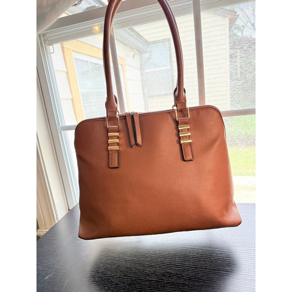 Matthew + Julian Brown Faux Leather Structured Tote Shoulder Bag Zip Top